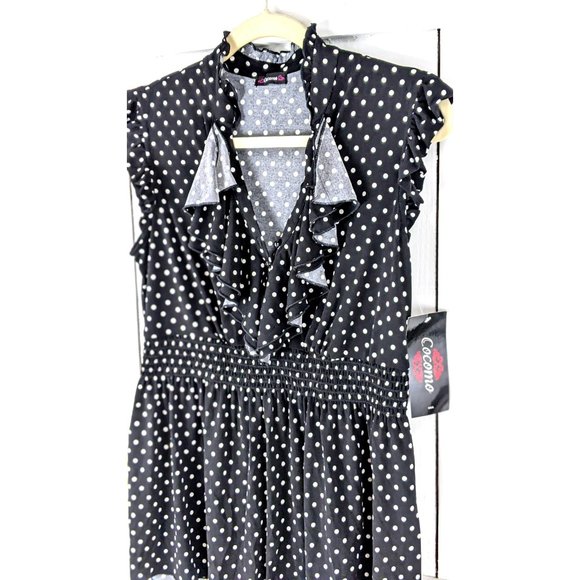 Cocomo black white polka dot slinky fitted sleeveless ruffle tank top - Picture 2 of 4